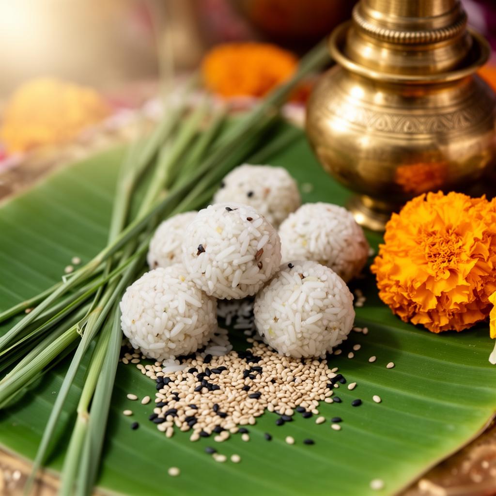 Pind offerings prepared with rice, sesame and kusha grass for Shraddha and Pitru Dharma